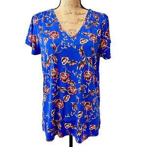 Ivanka Trump Women's Short Sleeve Blue Floral Stretch Relaxed Blouse Top Sz L